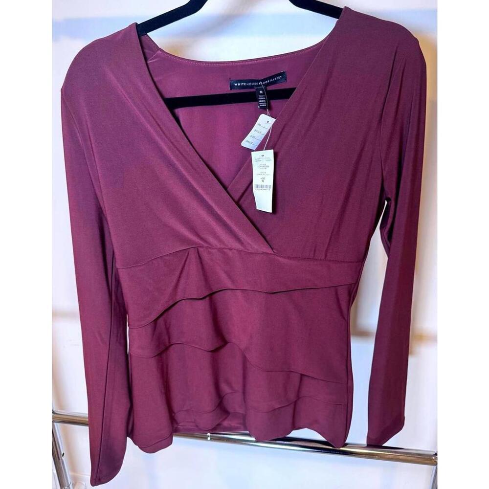 White House Black Market Plum Long-Sleeve Ruffle Wrap Blouse